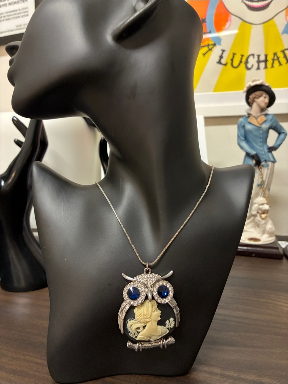 Silver Owl Cameo Pendant Necklace with Blue Crystal Eyes Indie Sleeze Whimsy